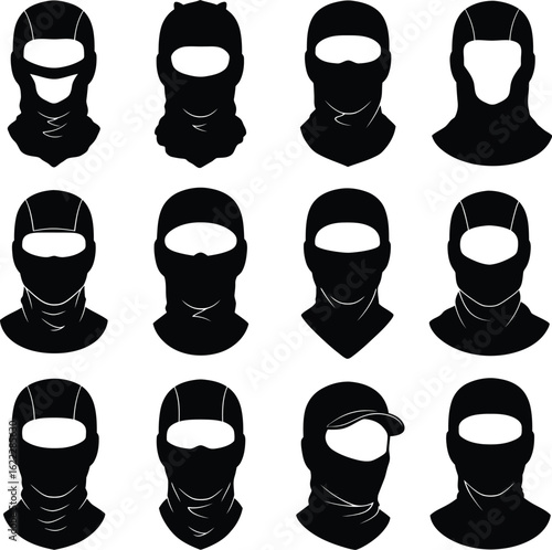 A comprehensive collection of diverse balaclava and face mask designs, showcasing various styles, openings, and coverage options, ideal for outdoor, sports, and protective gear illustrations.