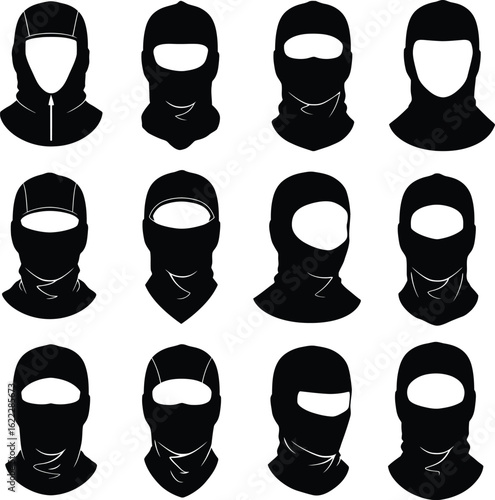 A comprehensive collection of diverse balaclava and face mask designs, showcasing various styles, openings, and coverage options, ideal for outdoor, sports, and protective gear illustrations.