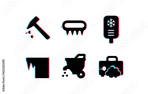 six different glitch effect illustration isolated on white backgorund ice sculpture chisel ice cleat attachment ice melt sensor ice shelf edge marker ice pellet dispenser ice fog machine