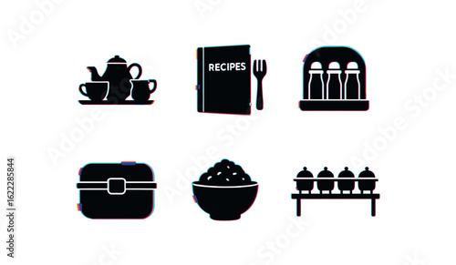 six different glitch effect illustration isolated on white backgorund food crockery set food recipe book food spice rack food lunchbox container food meal prep bowl food buffet line