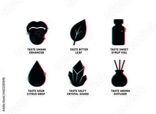 six different glitch effect illustration isolated on white backgorund taste umami enhancer taste bitter leaf taste sweet syrup vial taste sour citrus drop taste salty crystal shard taste
