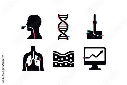 six different glitch effect illustration isolated on white backgorund phlegm phlegm color chart phlegm DNA assay phlegm rheometer phlegm clearance model phlegm secretion gland phlegm