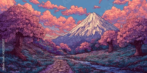 Pixelated landscape with mountain, pink trees, and path