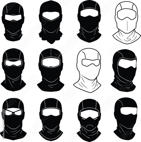 A comprehensive collection of diverse balaclava and face mask designs, showcasing various styles, openings, and coverage options, ideal for outdoor, sports, and protective gear illustrations.