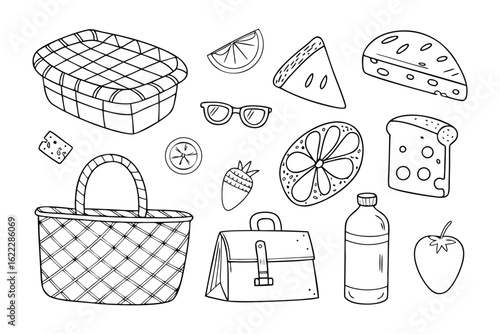Picnic Essentials: A delightful sketch showcases the charm of a picnic setup, featuring a basket, a hamper, refreshing fruits, and cheese.