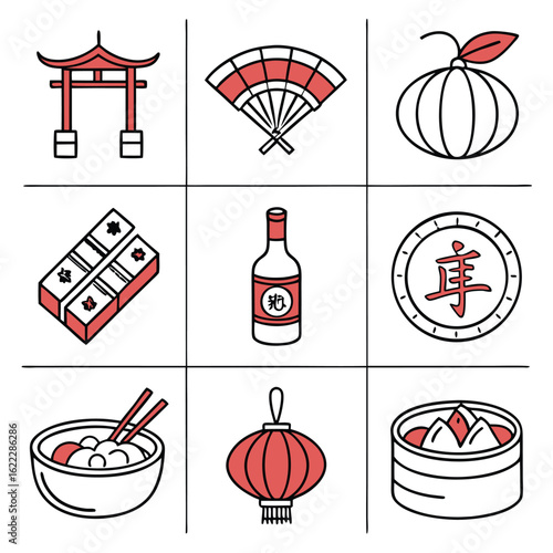 Chinese New Year Vector Icon Set with Gate Fan Bottle and Dumplings in Modern Outline Style