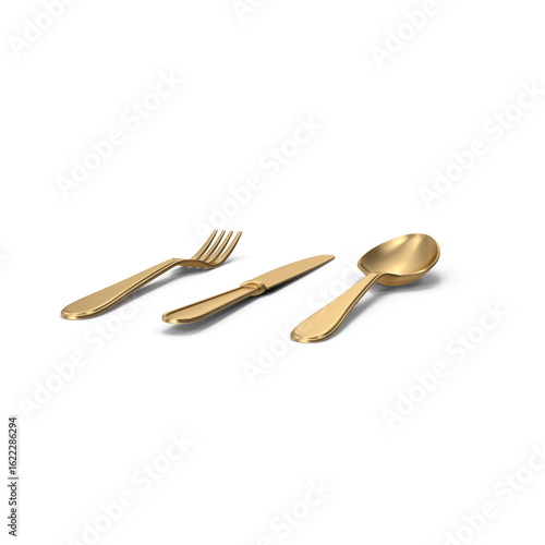 Golden fork, knife, and spoon set isolated on transparent background