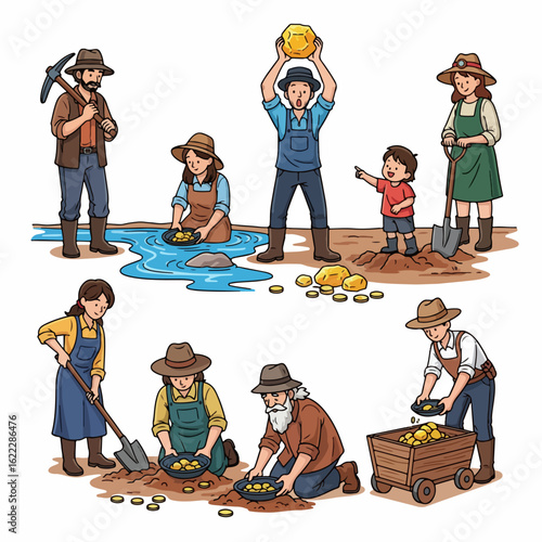 Gold rush scene with miners panning for fortune