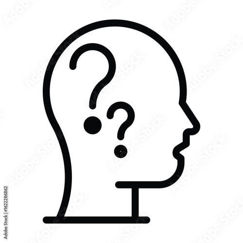 Black outline of a head profile with two question marks inside suggesting uncertainty or questioning