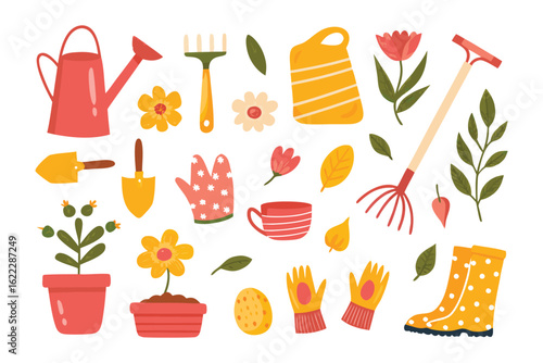 Spring Garden Tools: A vibrant collection of gardening tools and floral elements come together, painted with playful pastel colors. Depicting the spirit of growth and the promise of blooming gardens.