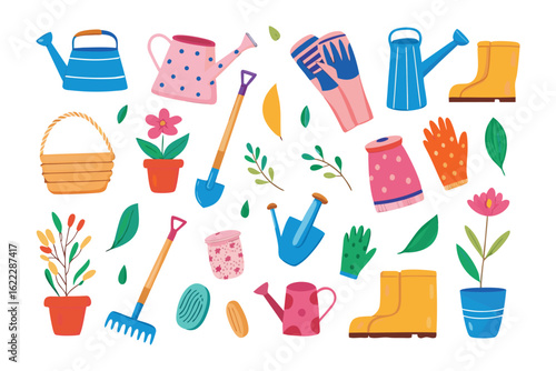 Garden Tools and Floral Elements: A vibrant collection of garden tools and floral elements, exuding a sense of freshness, growth, and the joys of tending to a flourishing garden.
