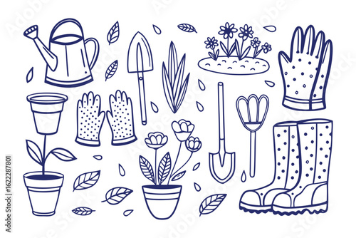 Gardening Tools Collection: An array of gardening tools arranged artfully, perfect for any green thumb enthusiast. Featuring detailed line art, this image perfectly depicts the essence of gardening.