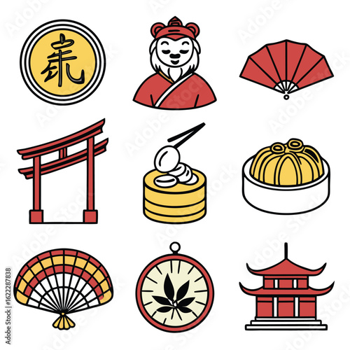 Illustration Art Vector of Asian Icon Set with Red and Yellow Colors Featuring Fan and Temple Modern Design