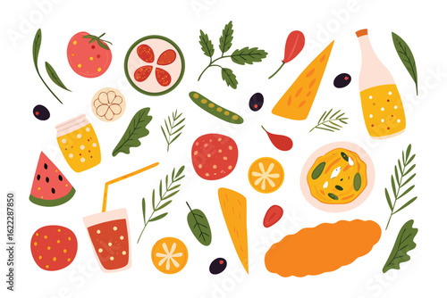 Fresh Food Feast: A vibrant and appetizing arrangement of various fresh fruits and vegetables, perfectly arranged in a colorful, visually appealing display.