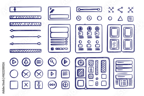 User Interface Icons Illustration: A detailed, hand-drawn collection of user interface elements, including buttons, sliders, and menus, perfect for web design or app development. 