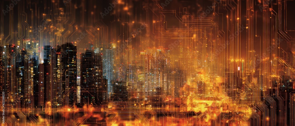 Fototapeta premium Cyberpunk Cityscape: A Digital Metropolis at Night