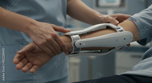 Professional technician applies innovative medical device to patient's arm for advanced treatment