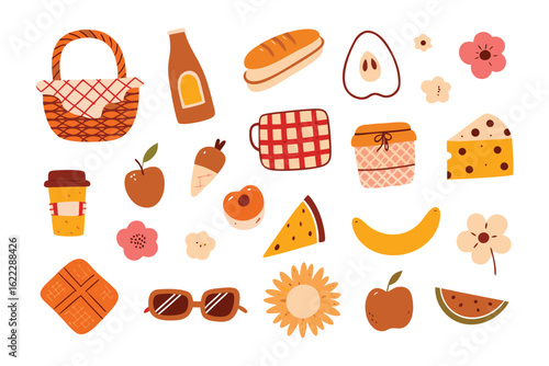 Picnic Essentials: A delightful assortment of picnic elements, featuring a woven basket, refreshing beverages, various food items, and charming floral accents.
