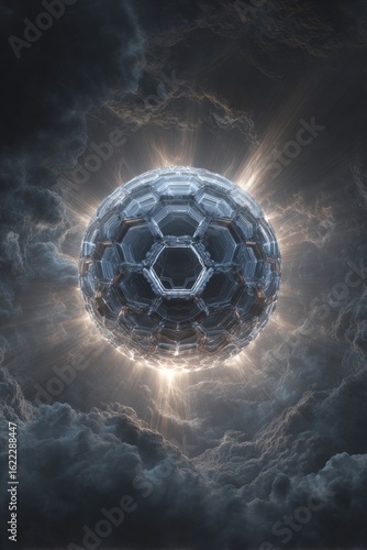 A metallic sphere, hexagonally patterned, floats amidst dark clouds, illuminated by a bright light source