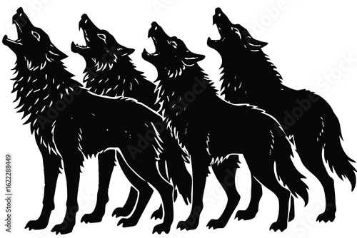 Four black wolves howling together in a line