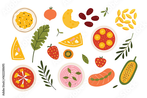 Gourmet Feast: A vibrant collection of fresh, appetizing food artfully arranged, showcasing a delicious array of healthy ingredients.