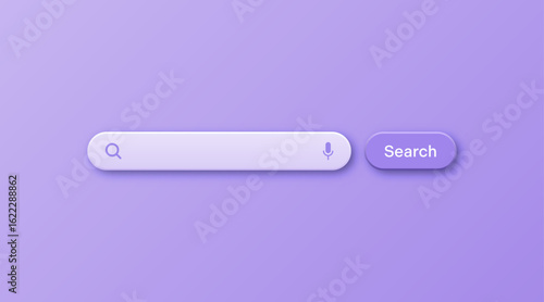 Colorful 3d search bar template. Internet browser engine with search box, address bar and text field. UI design, website interface element with web icons and push button. Vector illustration