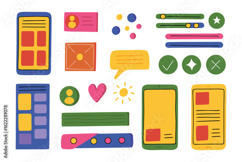 User Interface Elements Composition: A vibrant collection of mobile interface components, designed with a focus on simplicity and modern aesthetics.