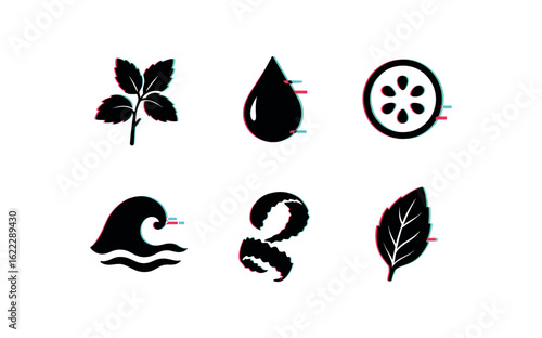 six different glitch effect illustration isolated on white backgorund freshness mint sprig freshness morning dew freshness cucumber slice freshness sea breeze freshness lime zest freshness