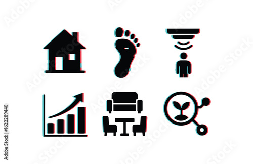 six different glitch effect illustration isolated on white backgorund habitation shelter structure habitation footprint map habitation occupancy sensor habitation comfort index habitation