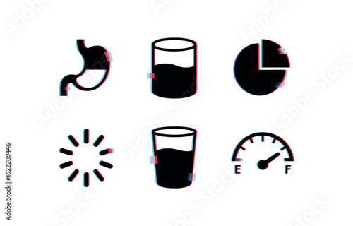 six different glitch effect illustration isolated on white backgorund fullness stomach diagram fullness reservoir level fullness pie chart segment fullness loading spinner fullness vessel