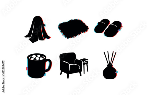 six different glitch effect illustration isolated on white backgorund coziness soft drapery coziness fur throw coziness warm slippers coziness hot cocoa mug coziness reading nook coziness