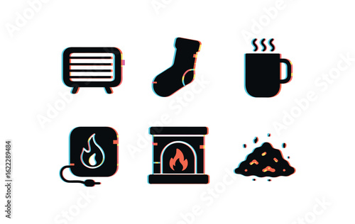 six different glitch effect illustration isolated on white backgorund warmth radiant heater warmth wool stocking warmth insulated mug warmth heating pad warmth hearth stone warmth ember glow