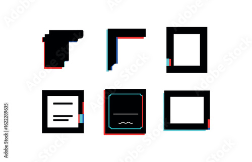 six different glitch effect illustration isolated on white backgorund frames wooden moulding frames metal extrusion frames picture mount frames document bezel frames certificate holder