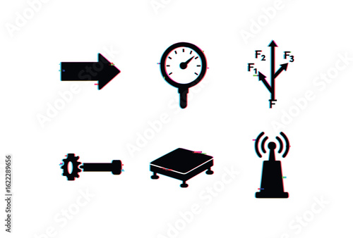 six different glitch effect illustration isolated on white backgorund force vector arrow force gauge tool force summation diagram force transmission shaft force plate sensor force field