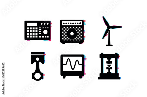 six different glitch effect illustration isolated on white backgorund might drum machine kit might amplifier speaker might wind turbine rotor might engine piston model might seismic wave