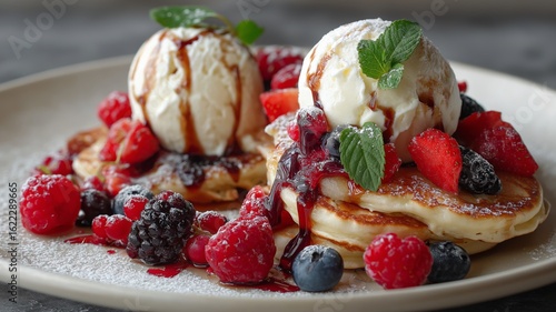 Fluffy pancakes are layered with melting ice cream and a colorful assortment of fresh berries.