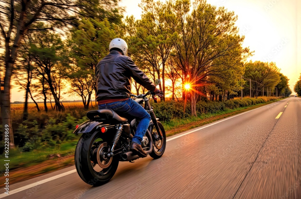 Fototapeta premium Man Riding Motorcycle at Sunset on Tree-Lined Road
