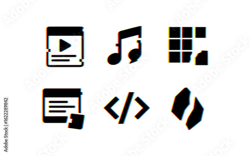 six different glitch effect illustration isolated on white backgorund fragment file segment fragment audio clip fragment image tile fragment data packet fragment code snippet fragment shard