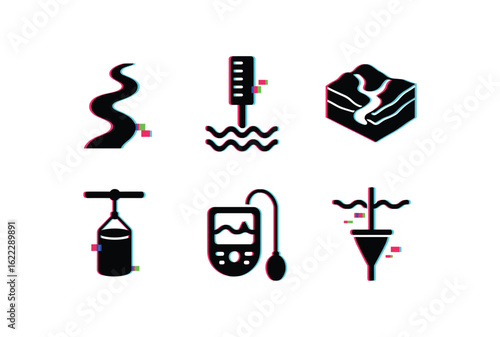 six different glitch effect illustration isolated on white backgorund river stream map river flow gauge river basin model river water sampler river depth finder river sediment trap