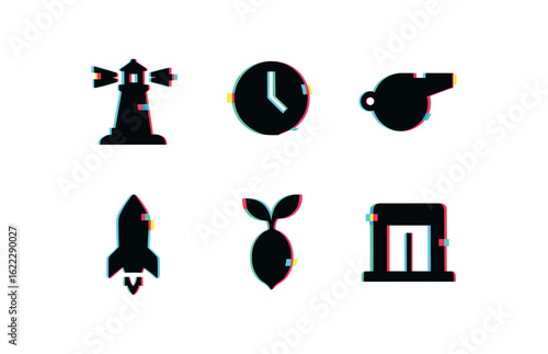 six different glitch effect illustration isolated on white backgorund beginning dawn light beacon beginning timestamp marker beginning kickoff whistle beginning primer sequence beginning