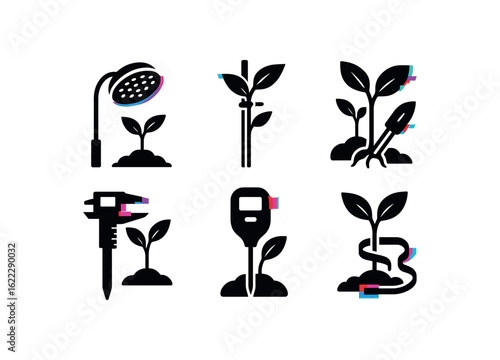 six different glitch effect illustration isolated on white backgorund sprout LED grow light sprout support stake sprout moisture sensor sprout root caliper sprout soil tester sprout stem