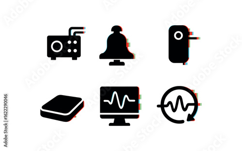 six different glitch effect illustration isolated on white backgorund hum frequency generator hum resonance chamber hum detection sensor hum damping pad hum waveform monitor hum feedback