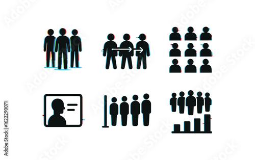 six different glitch effect illustration isolated on white backgorund people heatmap overlay people movement tracer people demographic chart people profile database people queuing line