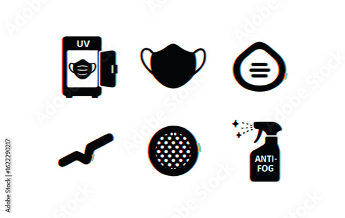 six different glitch effect illustration isolated on white backgorund mask UV sanitizer chamber mask mold fitting frame mask silicone liner pad mask adjustable nose clip mask voice