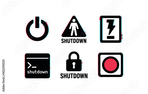 six different glitch effect illustration isolated on white backgorund shutdown power switch shutdown emergency killcode shutdown circuit breaker shutdown terminal command shutdown override