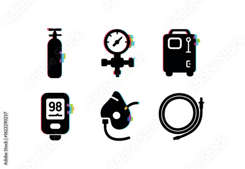 six different glitch effect illustration isolated on white backgorund oxygen cylinder tank oxygen regulator gauge oxygen concentrator unit oxygen saturation monitor oxygen mask interface