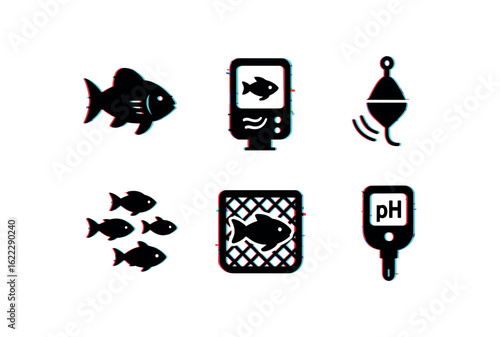 six different glitch effect illustration isolated on white backgorund fish gill scanner device fish sonar tracker buoy fish school simulation model fish skeleton mount display fish breeding