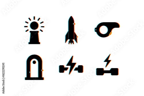 six different glitch effect illustration isolated on white backgorund beginning dawn beacon beginning primer sequence beginning launch pad beginning kickoff whistle beginning threshold