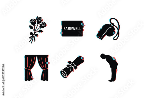 six different glitch effect illustration isolated on white backgorund farewell rose bouquet farewell memory token farewell departing whistle farewell closing curtain farewell valediction