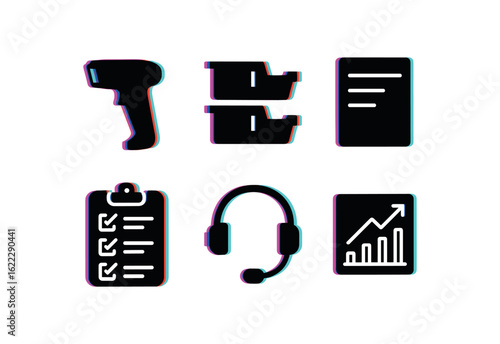 six different glitch effect illustration isolated on white backgorund picker barcode gun picker storage bins picker index card picker assignment board picker voice headset picker